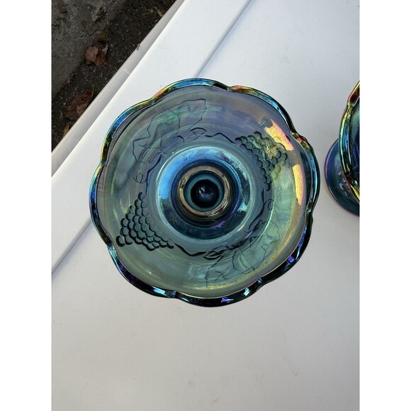 Blue Carnival Glass Harvest Grape Candle Holders - Picture 4 of 8
